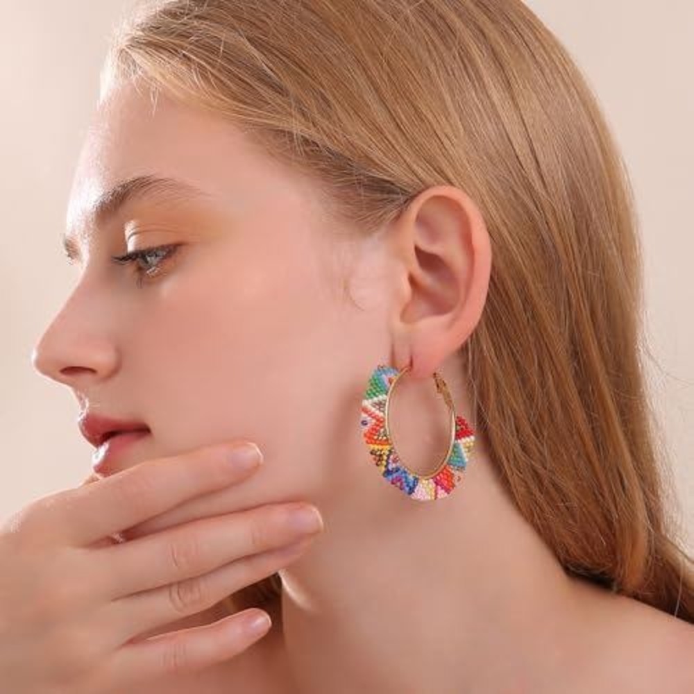 Boho Multi Color Seed Bead Gold Hoop Earrings Geometric Fringe Statement Jewelry - Picture 2 of 2
